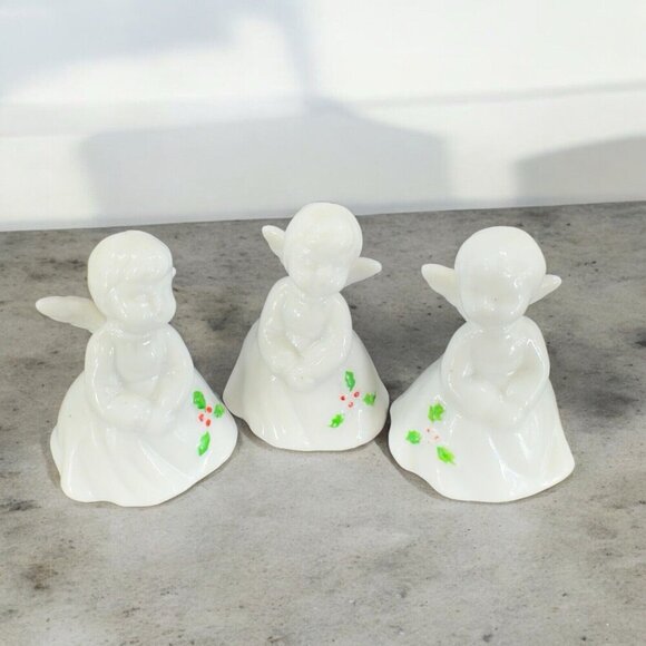 ENESCO Porcelain ANGEL Figurines CHRISTMAS Small Miniature Set 3 Holly Leafs VTG - Picture 2 of 12